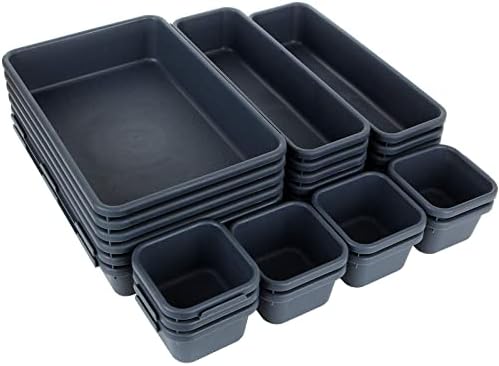 Set of 24 Interlocking Desk Drawer Organizer Tray Plastic Drawers Separators Organizers Dividers Storage Bins for Bathroom, Office, Kitchen, Bedroom, Makeup (Grey)