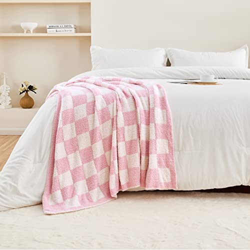 Image of CozeCube Pink White Reversible Checkered Knit Throw Blanket 50 inchx60 inch
