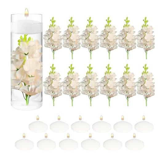 PIXESTT Velas Flotantes y Flores para Decorar Velas, 12 Flores Artificiales Blanco para Llenado De Jarrón, 12 Velas Flotantes para Decoración de Mesa De Boda Día Fiesta De Boda (24 piezas)