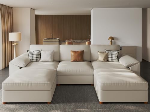 EASE MOOSE Oversized Modular Sectional Sofa,Leather Sectional Couch with Deep Seat,Extra Large U Shaped Couch,Faux Leather Material Sofa Modern Comfy Scratch Resistant,Beige