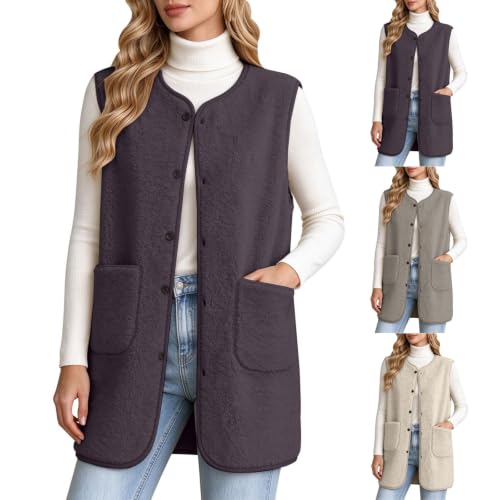 Long Sherpa Fleece Vest Women Casual Sleeveless Button Down Jackets Vests M