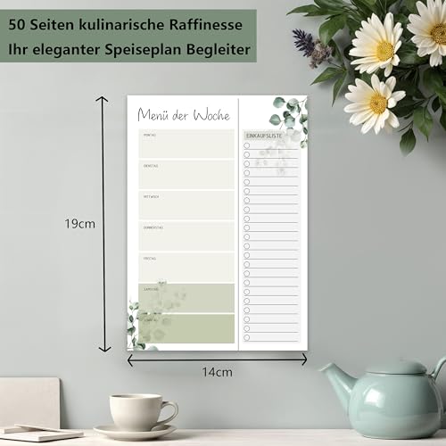 FloraVigo Essensplaner, 50 Menüplaner mit Einkaufsliste zum Abtrennen, Einkaufsliste – Notizblock – A5 – Menüplaner für Familie, Freunde