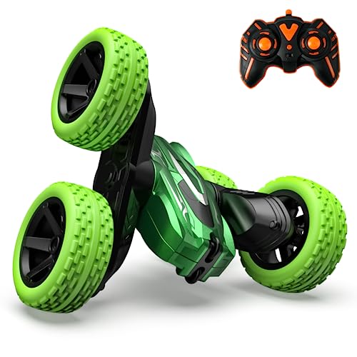 SHARKOOL Remote Control Car | 2.4Ghz Mini RC Cars with Rechargeable Battery, 360° Flips Rotating Double Side Stunt Car | Electric Toy Cars for Kids | Birthday Gift for Boys & Girls-Green