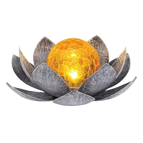 Ragyzity Lotus Solar Lights Outdoor, Bright Lotus Flower Table Lamp, Art Crackle Globe Glass Lotus...
