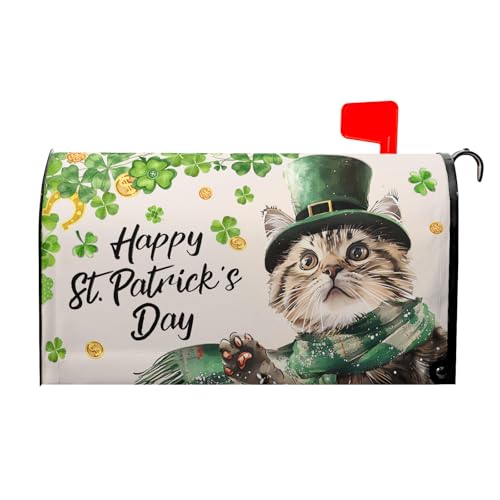 Image of Patrick Cat Magnetic Mailbox Cover 25.5x21 Inch Happy St. Patrick's Day Clover Shamrocks Kitten Mailbox Wrap Post Cover Standard Size for Garden Yard Outdoor Outside Patio Holiday Decor