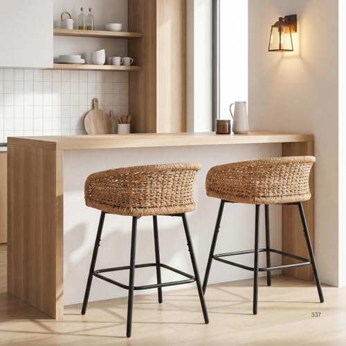 25" Wicker Counter Height Bar Stools Set of 2, Modern Rattan Bar Chairs with Metal Frame and Cane Back, Boho Woven Barstools with Polyester Cushion for Dining Room/Kitchen, Charcoal