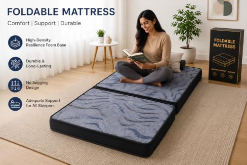 Image of Softline Tri Fold Mattress | 5 Inch HR Foam Foldable Floor Mattress | Medium Firm Back Support | Portable Guest Bed & Travel Mattress | Lightweight & Compact | Queen Size,|72x60x5