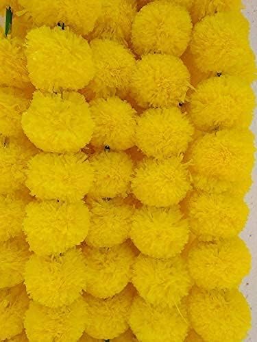 eSplanade Artificial Marigold Flower Garlands for Home Décor - Pack of 5 Strings - Lemon Colour - 4 to 4.5 Feet Length