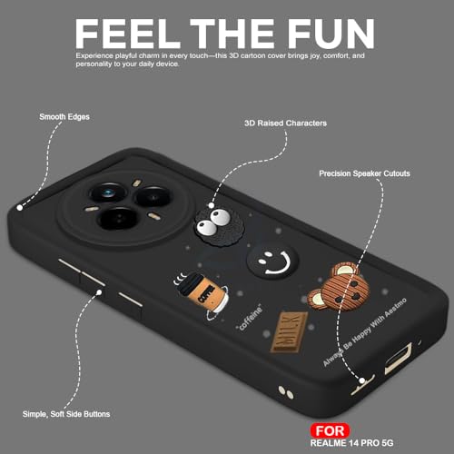 Image of AESTMO Back Case Cover for Realme 14 Pro 5G Cover | Cute Fun Cartoon 3D Ball | Coffee Silicone Case | Full Body Protection | Camera Protection Back Cover for Realme 14 Pro 5G (Black)
