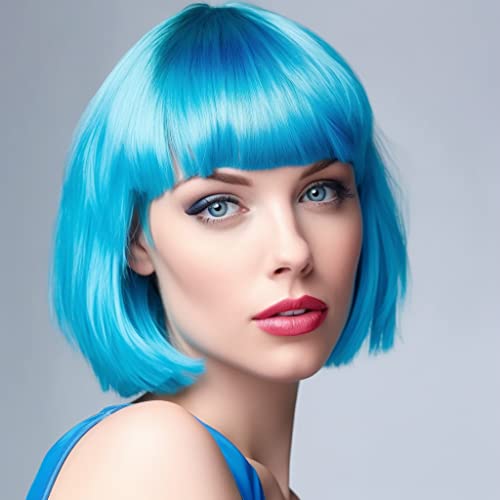 Image of LIULIUBTY Short Bob Hair Wigs Straight with Flat Bangs Synthetic Colorful Cosplay Daily Party Neon Wig for Women + Free Wig Cap 15 inch Natural As Real