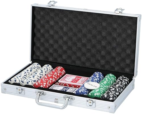 MaxiMondo Pokerset Komplett – Pokerkoffer mit 300 Pokerchips und Pokerkarten – Pokerkarten für Kinder und Erwachsene - 1x Dealer und 5X Würfel - Bis zu 5 Personen - Aluminium Poker Koffer