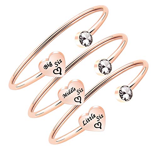 Sisters Gifts The Love Between Sisters is Forever 3 Sisters Keychain Set Gift for Big sis Mid Sis Lil Sister Jewelry (3 Sisters Cuff Bracelet-RG)
