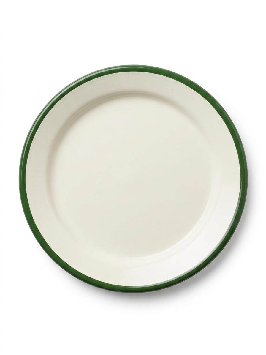 4'lü Emaye Servis Tabağı Seti - 25 cm Krem Renkli Yeşil Kenarlı Yemek Tabağı Takımı - Retro Nostaljik Tasarım, Dayanıklı ve Sağlıklı Mutfak Gereçleri - Kamp ve Ev Kullanımına Uygun