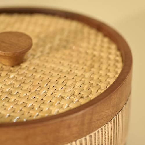 Image of Brick Brown Reed Wooden Roti Box with Hand-Woven Cane Lid | Solid Wood Chapati Box for Kitchen & Dining | Designer Roti Casserole /Roti Hot Pot Case | Handmade Roti Dabba Server (8.1x8.1x4.2 Inch)