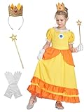 IKALI Princess Costume for Girls, Yellow Princess Dress Outfit With Accessories Crown, Wand and Gloves, Kids Toddlers Birthday Fancy Dress Role Play Set 4-6 Years
