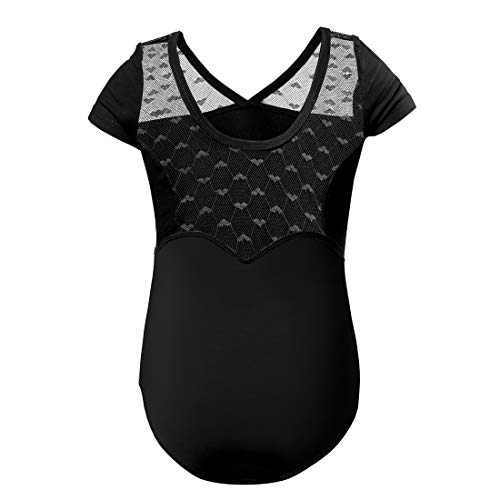 Flo Dancewear Girls Scalloped Lace Back Short Sleeve Leotard, Black, M