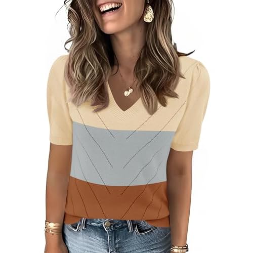 LOMON Womens Sweaters Puff Short Sleeve Lightweight Knit Summer Fall Tops Dressy V-Neck Work Blouses Business Casual Outfits