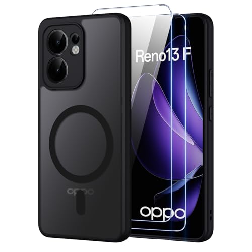 Oelrstfe per OPPO Reno 13 F/FS 5G/4G Cover Compatibile con MagSafe con 2 Pezzi Vetro Temperato, Custodia Magnetica Traslucida Opaca, [Antiurto Grado Militare] Custodie Posteriore Glassata, Nero