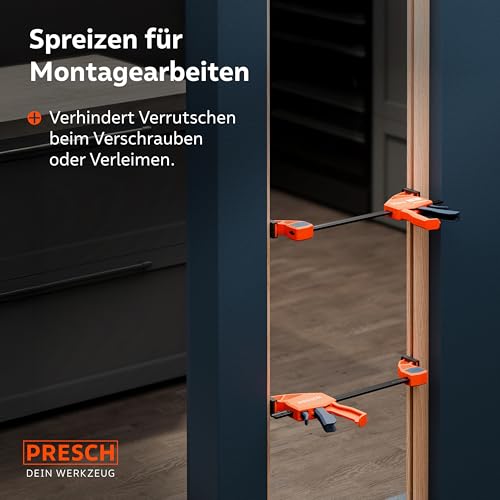 PRESCH Einhandzwingen 150mm 2 Stk. – Zwingen Set mit 75kg Spannkraft für sofortiges Fixieren – Robuste Schnellspannzwingen dank Carbonstahl & glasfaserverstärktem Gehäuse – Zwingen mit Spreizfunktion