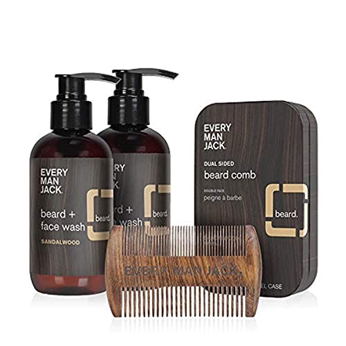 Every Man Jack Beard Wash Set - Sandalwood | 2 count - 6.7 oz beard wash + beard comb | Naturally Derived, Parabens-free, Pthalate-free, Dye-free, and Certified Cruelty Free Beard Care