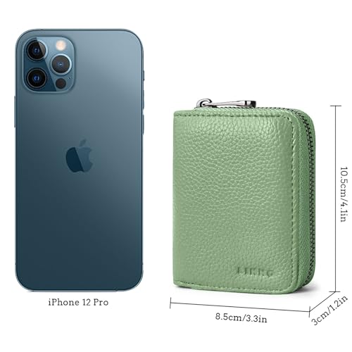 Image of Linno RFID 20 Slots Credit Card Holder Genuine Leather Small Wallet for Women or Men with Zipper, light green, Fashion Accordion Card Case