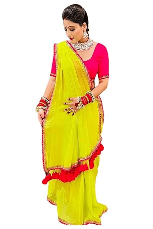 EI PADREWomen's And Girls Smooth Georgette Fabric Saree With Beautiful Embroidery Lace Border and Beautiful Latkan Bollywood Saree