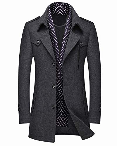 Image of PRIJOUHE Men's Wool Blend Jacket Single Breasted Slim Fit Thick Winter Windproof Pea Coat with Removable Scarf