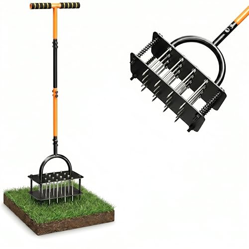 Aireador de césped manual con 16 clavos y 4 resortes | Aerificador para césped | Aerificador de doble capa con autolimpieza | Herramienta de jardín para airear y aflojar el césped