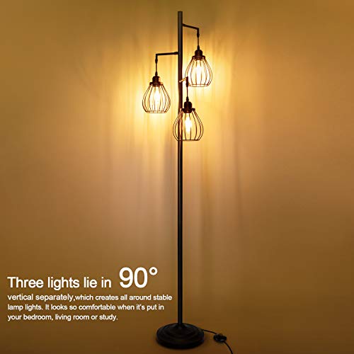 Lakumu Industrial Floor Lamp For Living Room, Tree Floor Lamp With 3 Elegant Teardrop Cage Heads & St58 Edison Led Bulbs, Sturdy Base Tall Vintage Pole Light Great For Farmhouse Rustic Bedroom Office #TOP2