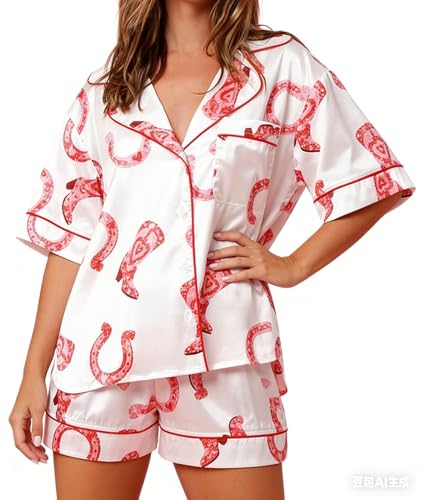 Image of Yiulangde Cowboy Boot Pajamas For Women Cute Silk Satin Preppy Pjs Shorts Y2k Printed 2 Piece Button Down Pajama Shirts Sets, Small, White-horseshoe