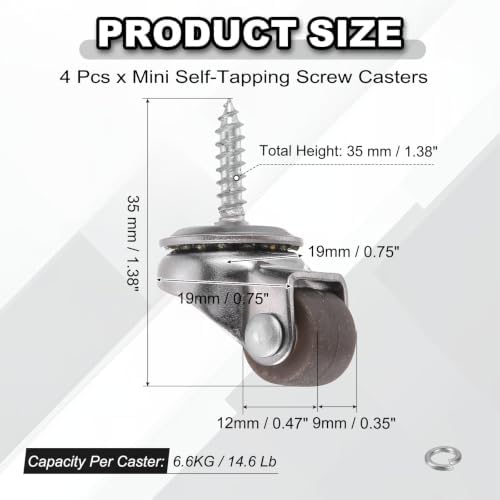 PATIKIL Mini Self-Tapping Screw Casters, (0.47", M4x15mm, Brown)(4 Pcs) — 사진 2