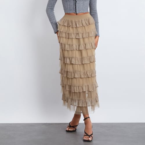 Women's Tulle Midi Skirt Elastic High Waist Layered Pleated Mesh Flowy A-Line Prom Party Long Tutu Skirts3