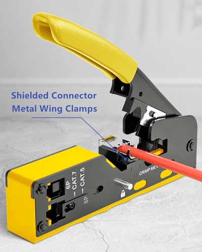Image of COOLCOLD RJ45 Crimping Tool Kit - Pass Through Ethernet Crimper for Cat7 Cat6 Cat5, Network Cable Crimp Tool for RJ45 RJ11 RJ12 6P 8P STP UTP, with 5 Cat6 & 5 Cat7 Connectors + 5 Boots, LAN Crimper