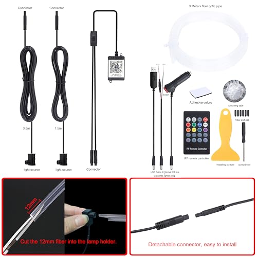 QAUBEN 3 m Optic Fiber Cable Car Ambient Lighting with Bluetooth App Control + RF Remote Control 64 Colors Multicoloured Music Interior Lighting Kit 12V 1W