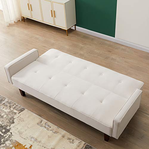 Olela Sofa Bed Convertible Sofa Couch Futon Sleeper Linen Fabric Reclining Sofa With Armrest Wood Legs For Living Room Furniture (Ivory) #TOP2