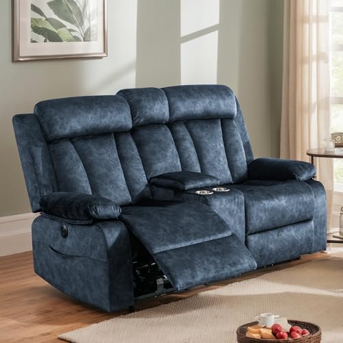 PALLOME Power Reclining Loveseat with Heat & Massage, Dual Recliner Sofa with Console, Cup Holders, USB & Type-C Ports, 2 Seater Electric Reclining Couch for Living Room, RV (Blue, 2 Seat)