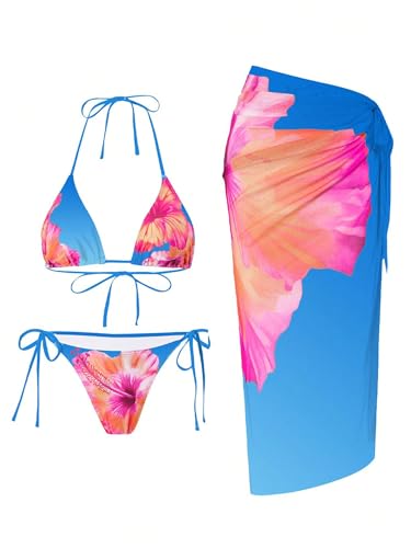 Image of ZAFUL Women's 3 Piece Swimsuit Floral Halter Triangle String Bikini Tie Side Bottom with Boho Cover Up Skirt