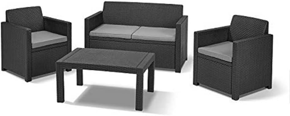 Keter Merano Garden Furniture Lounger Set Lounge, Graphite with Grey Cushions