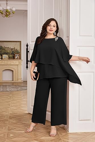 Hanna Nikole Hosenanzug Damen Große Größen Komfortabel Gefüttert Festlich Hosenanzug Sommer Elegant Hohe Taille Vintage 2-Teiliges Set Cocktail Party Hochzeit Lange Hose Schwarz 48