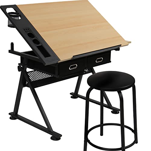 VENDOMNIA Table à Dessin - Inclinable, Hauteur Réglable, avec Tabouret, 2 Tiroirs, pour Beaux-Arts, Les Architectes, Ingénierie - Bureau à Dessin, Cours de Travail Cover