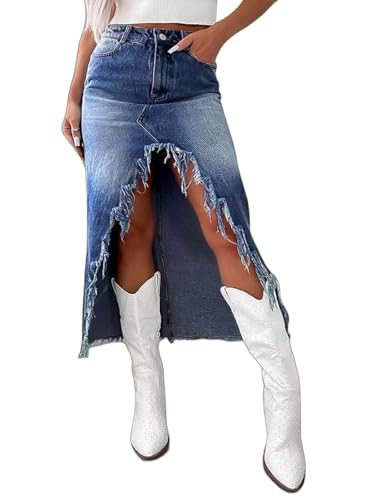 Flamingals Jeans Skirt for Women High Waist Vintage Straight Raw Hem Split Asymmetrical Long Pencil Denim Skirt Mid Blue M