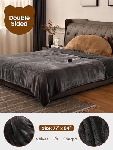 Image of Bearhug Electric Blanket Full Size, 90F-108F Fast Heating Throw with 10 Heat Levels & 1-12H Auto Shut-Off, Machine Washable Soft Velvet and Sherpa Heated Blanket for Bed or Couch, Gray