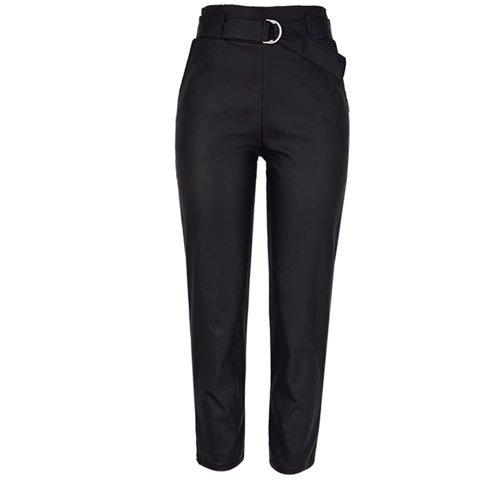 Dninmim Pantaloni da donna elasticizzati skinny sexy a vita alta PU pantaloni neri casual cintura cintura in ecopelle