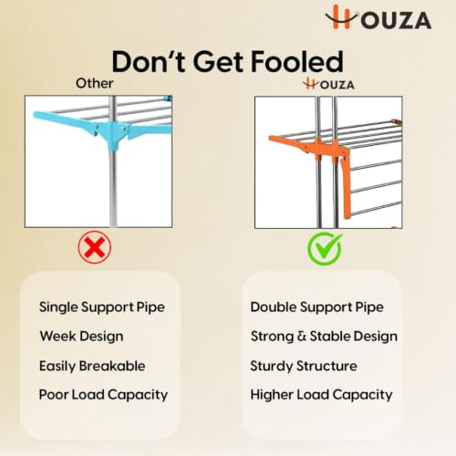 Image of HOUZA Stainless Steel Clothes Drying Stand | 3 Layer Foldable Cloth Dryer Stand with Wheels | 6 Foldable Wings - Orange
