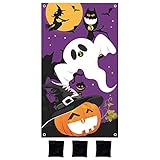 El juego es sencillo: solo tienes que tirar los pufs y caminar a través de los agujeros en la bandera para obtener el número de puntos. Puedes competir con tus hijos o amigos para ofrecerte una feliz experiencia de fiesta de Halloween.