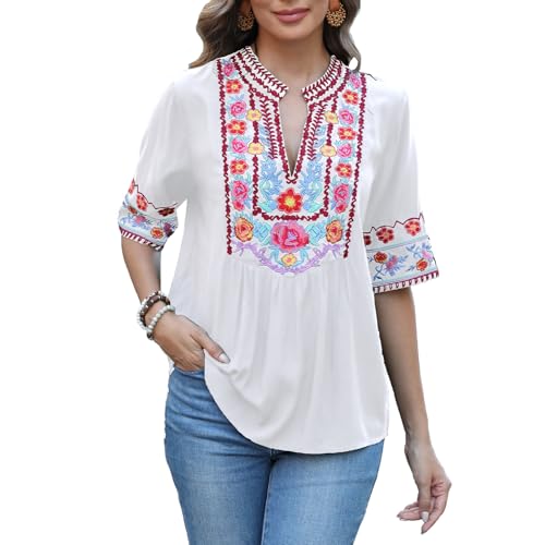 Seasonal Ucrania Blusa de verano para mujer, túnica bohemia, bordado, folklore tops, bohemio, hippie, manga corta, suelta, 799-blanco, L