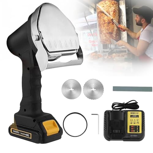 Affettatrice Elettrica per Kebab, Coltello per Kebab Shawarma A Batteria di Grande capacità Portatile con 2 Lame, Regolazione Spessore 0-8 Mm, velocità Variabile Silenziosa, Taglierina Giroscopica