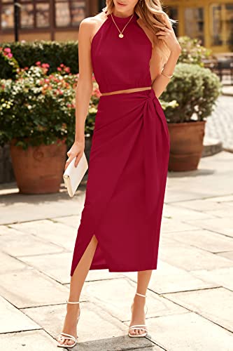 Cflonge Women's 2 Piece Outfits Casual Sleeveless Halter Crop Top And Draped Ruched Maxi Skirt Set Solid Suiting For Cocktail Party(Wine Red,Large) #TOP2