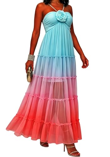 Vaceky Women's Chiffon Tiered Maxi Dress Floral Detail Flowy A-Line
