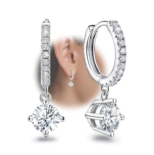 Hoop Earrings with Dangle Round - Sterling Silver Huggie Hoop Earrings for Women Trendy Hypoallergenic Small Loop Earring with Dangling Charm for Sensitive Ears Cubic Zirconia Fashion Jewelry Gifts